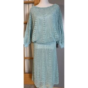 90s Hand Knitted 2Piece Outfit Womans 2X Blouson Blouse Skirt Blue Green